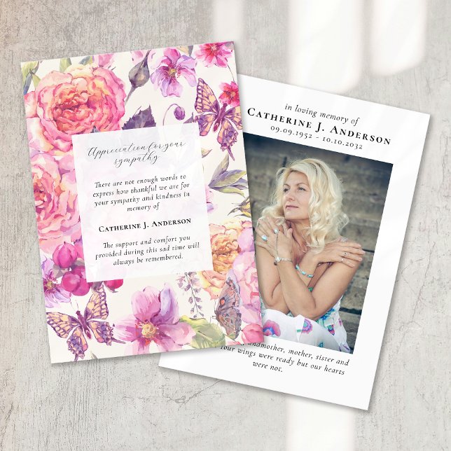 Tarjeta De Agradecimiento Mariposa Floral Fotografía Simpatía Funeral Memori (Subido por el creador)