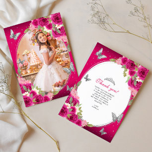 Tarjeta De Agradecimiento Mariposa Floral Rosa Plata Quinceañera Foto