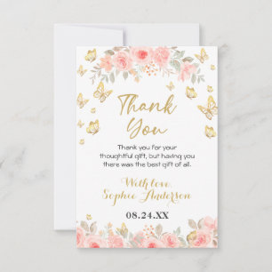 Tarjeta De Agradecimiento Mariposa floral Rubor Rosa Gold Baby Shower