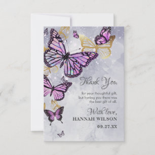Tarjeta De Agradecimiento Mariposa Morada Gris Dorado  Elegante Agradecimien