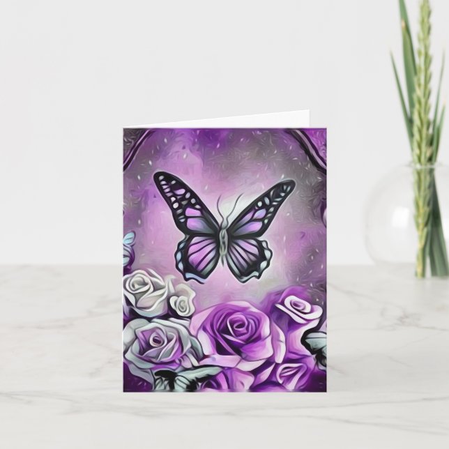 Tarjeta De Agradecimiento Mariposa morada y Rosas (Anverso)