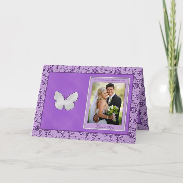 Tarjeta De Agradecimiento Mariposa plateada en Purple Photo Card (Anverso)