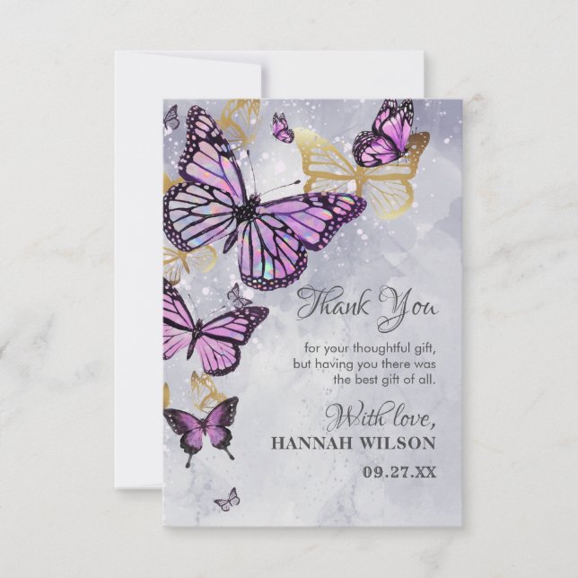 Tarjeta De Agradecimiento Mariposa púrpura Gris Dorada Elegante Ducha Bridal (Anverso)