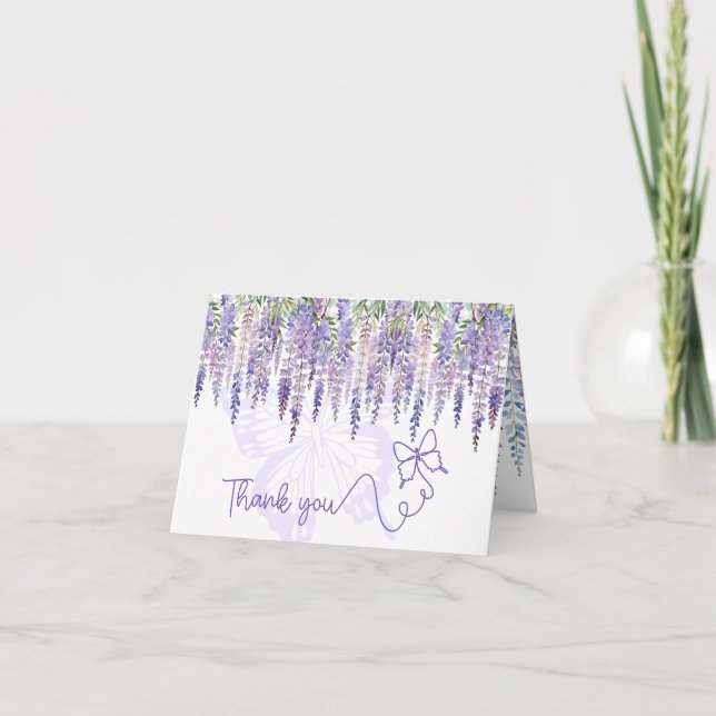 Tarjeta De Agradecimiento Mariposa romántica y Boda floral Wisteria (Anverso)
