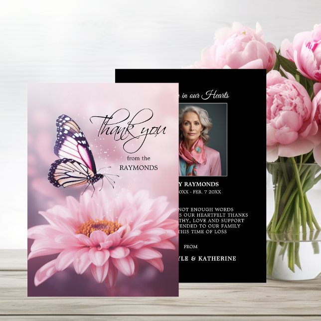 Tarjeta De Agradecimiento Mariposa Rosa Daisy Flower Sympathy Funeral (Butterfly Pink Daisy Flower Sympathy Funeral Thank You Card)