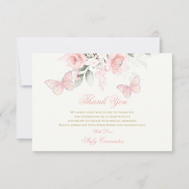 Tarjeta De Agradecimiento Mariposa rosa Quinceañera (Anverso)