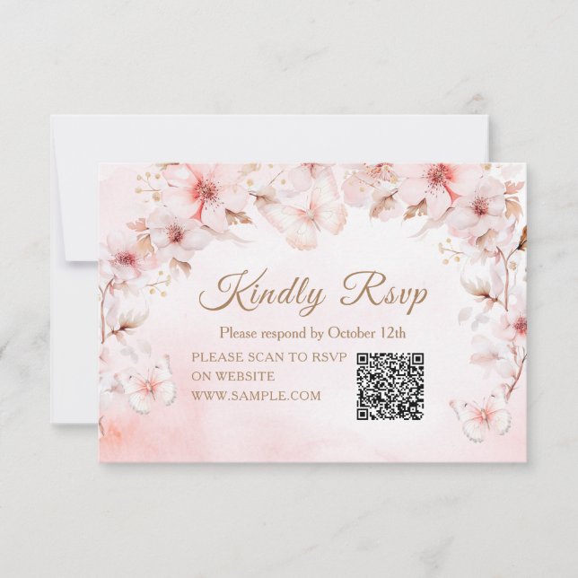 Tarjeta De Agradecimiento Mariposa Rosa Quinceañera Crown QR Rsvp (Anverso)