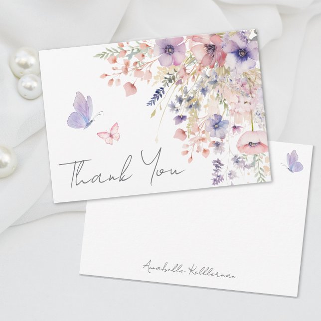 Tarjeta De Agradecimiento Mariposa Rubor Pink Purple Wildflower (Butterfly Blush Pink Purple Wildflower Thank You Card)