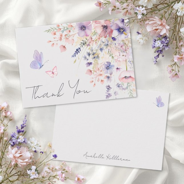 Tarjeta De Agradecimiento Mariposa Rubor Rosa Púrpura Flor Silvestre (Butterfly Blush Pink Purple Wildflower Thank You Card)