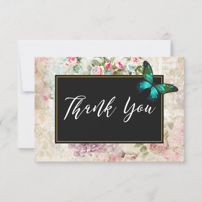 Tarjeta De Agradecimiento Mariposa verde en Collage de rosas rosas rosas gra (Anverso)