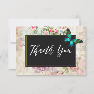 Tarjeta De Agradecimiento Mariposa verde en Collage de rosas rosas rosas gra