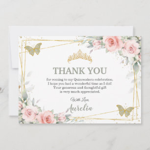 Tarjeta De Agradecimiento Mariposa Verde Floral Rosa Rubor Quinceañera