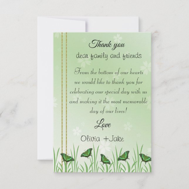 Tarjeta De Agradecimiento Mariposa verde sobre verde claro - (Anverso)