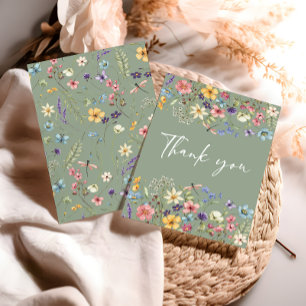 Tarjeta De Agradecimiento Mariposa y flor silvestre de color verde sabio