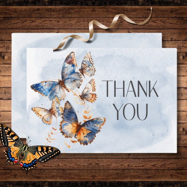 Tarjeta De Agradecimiento Mariposas Aquarela Modernas Azules y Oxidadas para (Modern Blue & Rust Watercolor Butterflies Wedding Thank You Card)