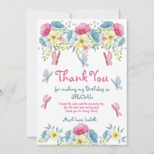 Tarjeta De Agradecimiento Mariposas color de agua rosa Cumpleaños floral