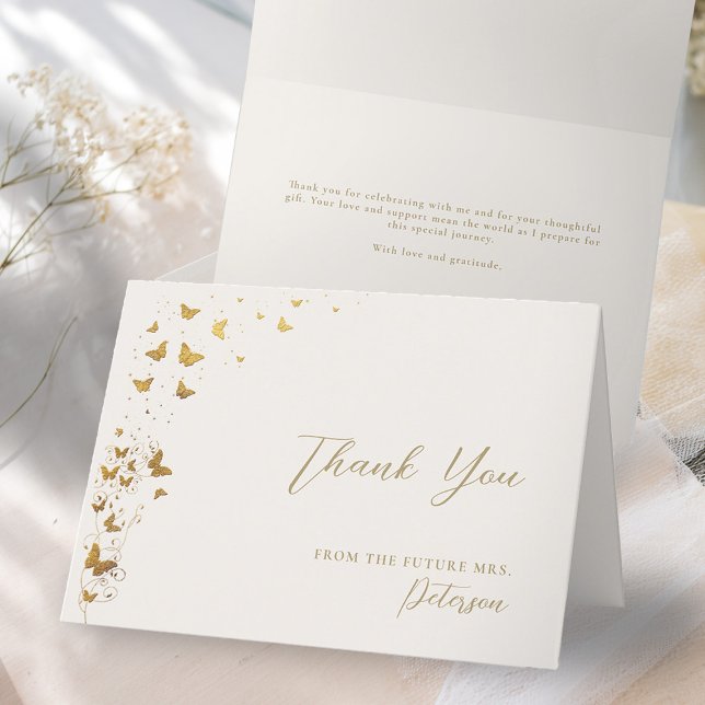 Tarjeta De Agradecimiento Mariposas de toda la vida Ducha de Novias de marfi (butterflies bridal shower folded thank you card garden vines lifetime romantic gold ivory elegant )