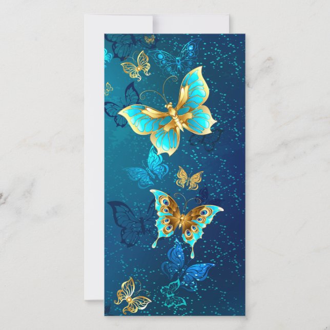 Tarjeta De Agradecimiento Mariposas doradas sobre fondo azul (Anverso)