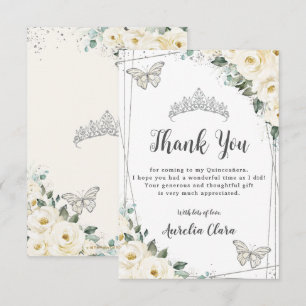 Tarjeta De Agradecimiento Mariposas Floral Plata Blanca Marfil Quinceañera