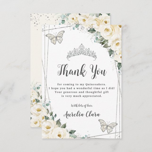 Tarjeta De Agradecimiento Mariposas Floral Plata Blanca Marfil Quinceañera (Anverso / Reverso)