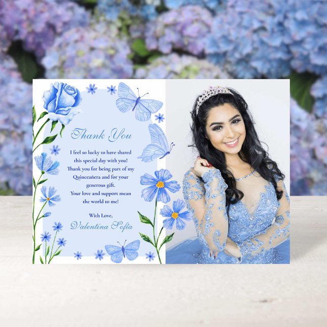 Tarjeta De Agradecimiento Mariposas Florales Bebés Foto Quinceañera (Baby Blue Floral Butterflies Photo Quinceañera Thank You Card)