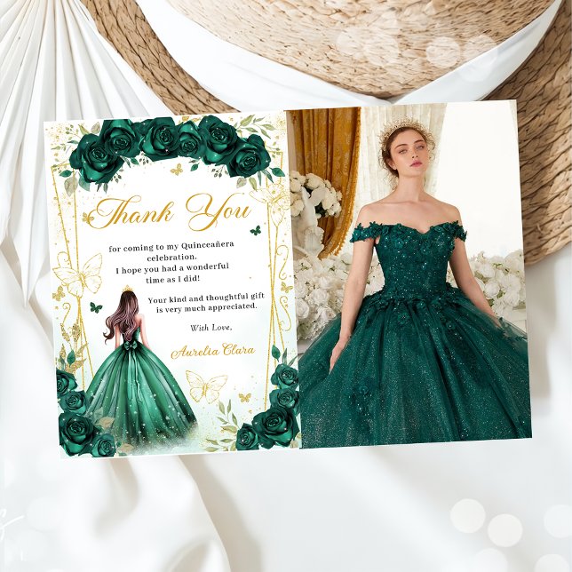 Tarjeta De Agradecimiento Mariposas florales Emerald Green Quinceañera Foto (Subido por el creador)