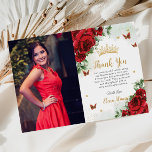 Tarjeta De Agradecimiento Mariposas Florales Roses Rojas Quinceañera Sweet 1<br><div class="desc">Personalice esta moda de boho rojo vibrante floral Quinceañera / dulce imagen de 16 cumpleaños gracias tarjeta fácil y rápidamente. Simplemente haga clic en el botón personalizar para editar los textos, cambiar las fuentes y los colores de las fuentes. Con hermosas rosas rojas y mariposas rojas y doradas. Elementos coincidentes...</div>