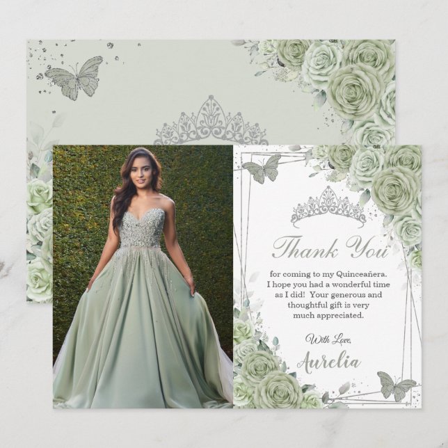Tarjeta De Agradecimiento Mariposas Florales Sage Green Quinceañera Foto (Anverso / Reverso)