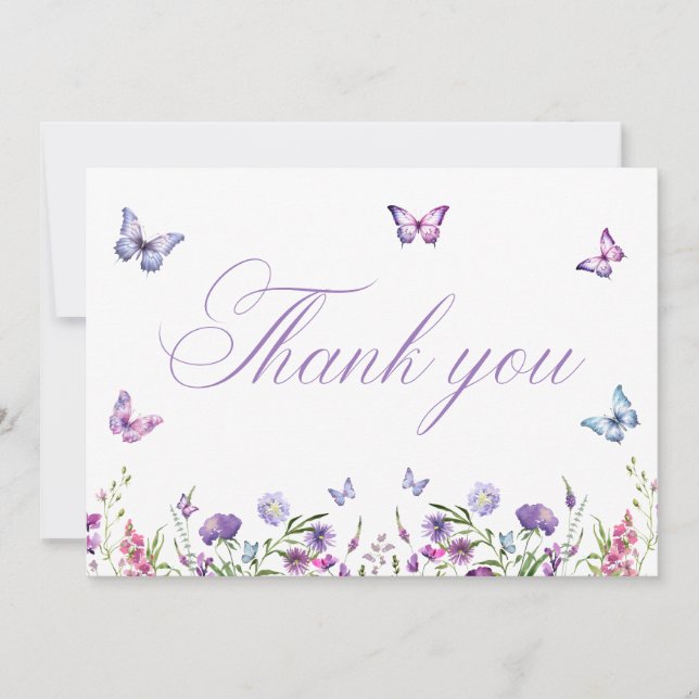 Tarjeta De Agradecimiento Mariposas Modernas Floral Purple Bridal Shower (Anverso)