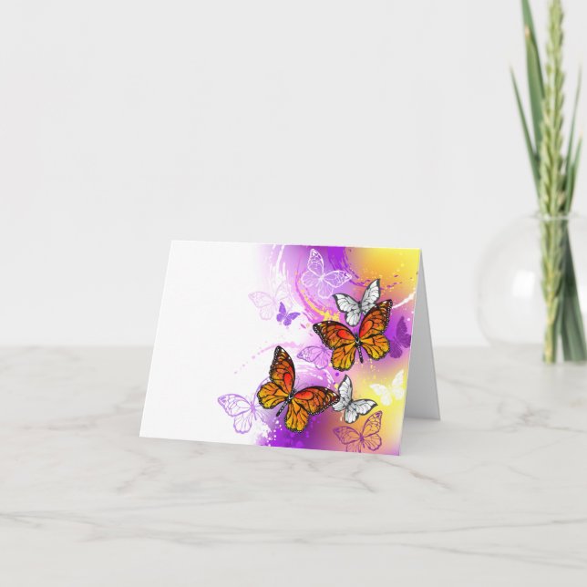 Tarjeta De Agradecimiento Mariposas monarcas en fondo morado (Anverso)