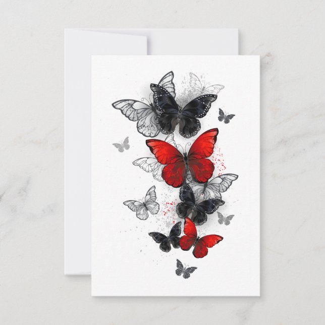 Tarjeta De Agradecimiento Mariposas Morpho Negras y Rojas Volando (Anverso)