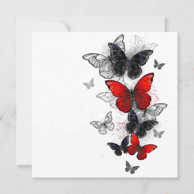 Tarjeta De Agradecimiento Mariposas Morpho voladoras negras y rojas (Anverso)