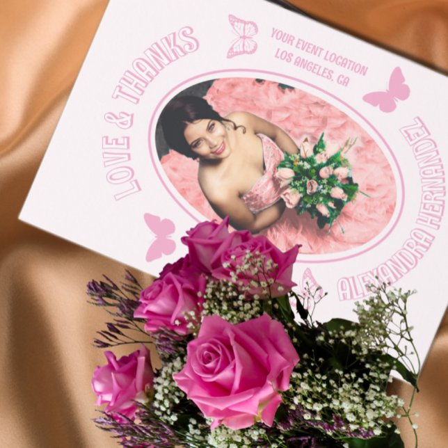 Tarjeta De Agradecimiento Mariposas rosadas Quinceanera (Subido por el creador)