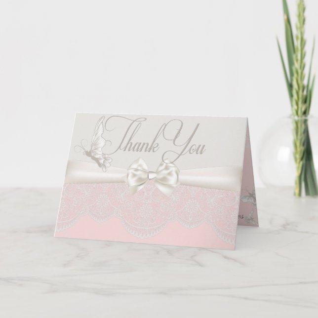 Tarjeta De Agradecimiento Mariposas rosas y marfileñas y encajes gracias (Anverso)