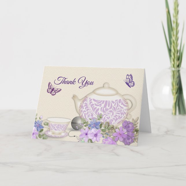 Tarjeta De Agradecimiento mariposas violets tea cup teapot gracias no... (Anverso)