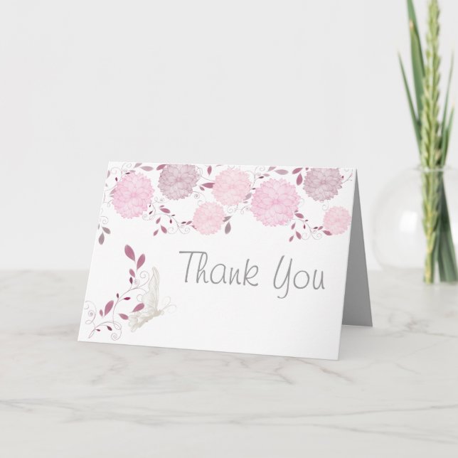 Tarjeta De Agradecimiento Mariposas y crisantemo rosado Gracias (Anverso)