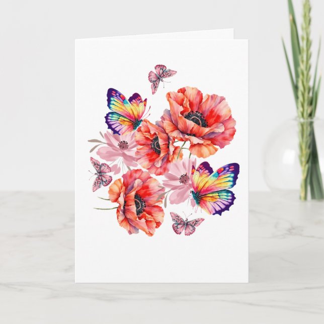 Tarjeta De Agradecimiento Mariposas y flores de amapola (Anverso)