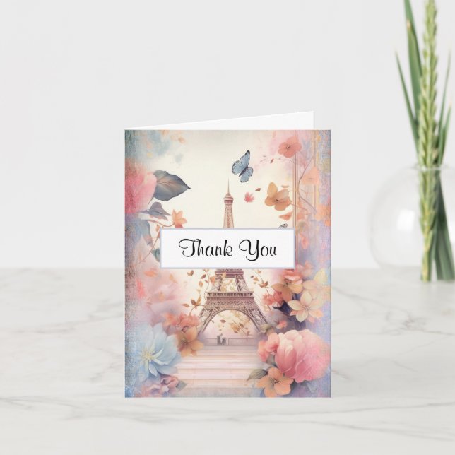 Tarjeta De Agradecimiento Mariposas y flores de la Torre Eiffel (Anverso)