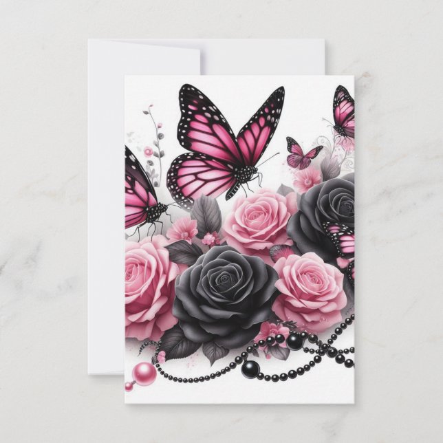 Tarjeta De Agradecimiento Mariposas y Rosas rosadas con perlas negras (Anverso)