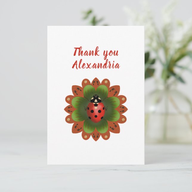 Tarjeta De Agradecimiento Mariquita Original Rojo Blanco y Verde (Anverso de pie)