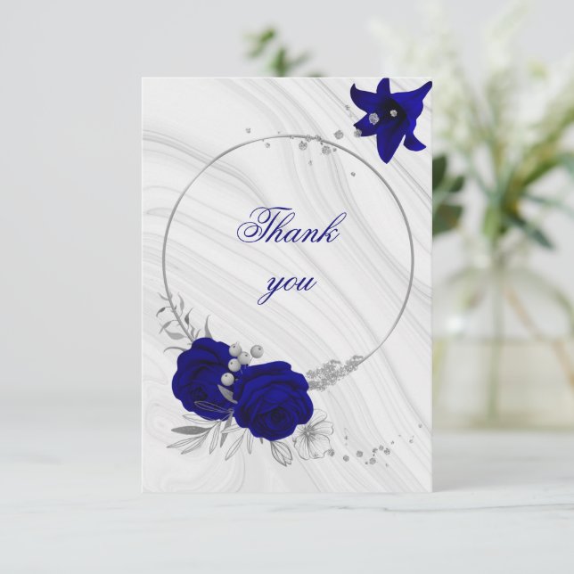 Tarjeta De Agradecimiento mármol floral gris plateado azul real (Anverso de pie)