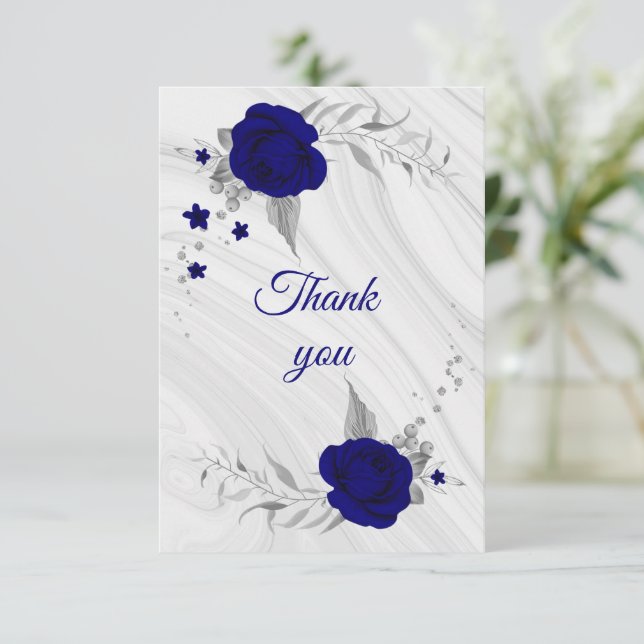 Tarjeta De Agradecimiento mármol floral gris plateado azul real (Anverso de pie)