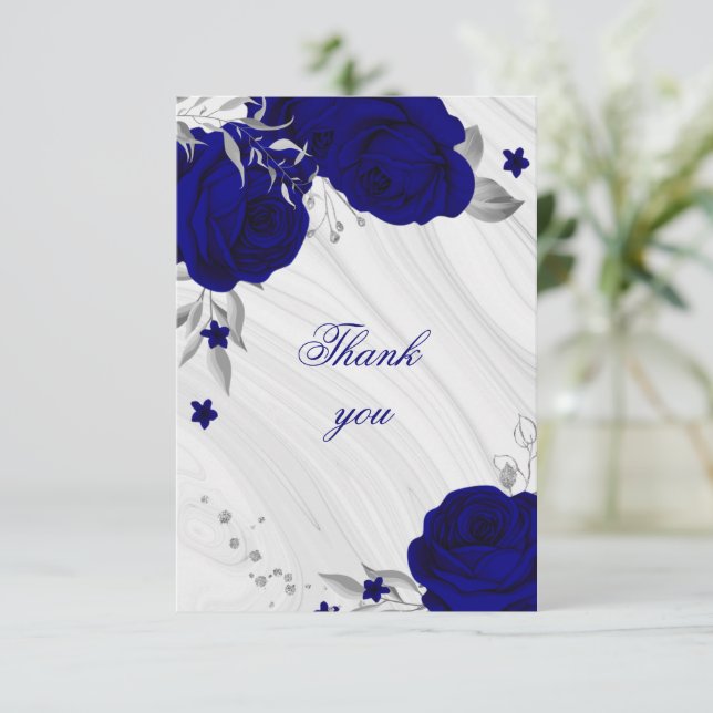 Tarjeta De Agradecimiento mármol floral gris plateado azul real gracias coch (Anverso de pie)