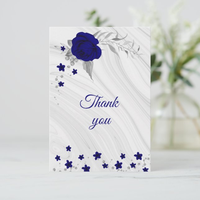 Tarjeta De Agradecimiento mármol floral gris plateado azul real gracias coch (Anverso de pie)