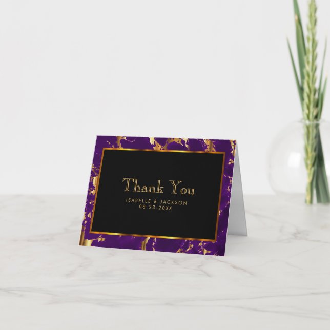 Tarjeta De Agradecimiento Mármol negro, dorado y morado - Gracias (Anverso)