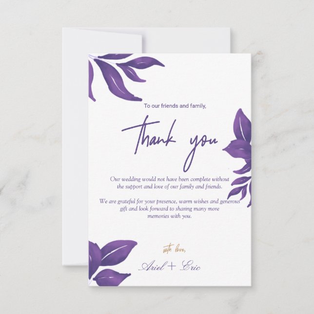 Tarjeta De Agradecimiento Mármol Púrpura y Eucalipto de Oro Elegante Boda (Anverso)