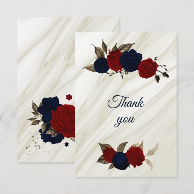 Tarjeta De Agradecimiento mármol rojo y marino floral (Anverso / Reverso)