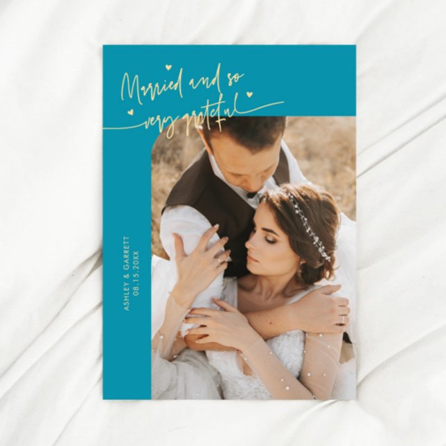 Tarjeta De Agradecimiento Married and Grateful Wedding Photo Aqua Blue (Subido por el creador)