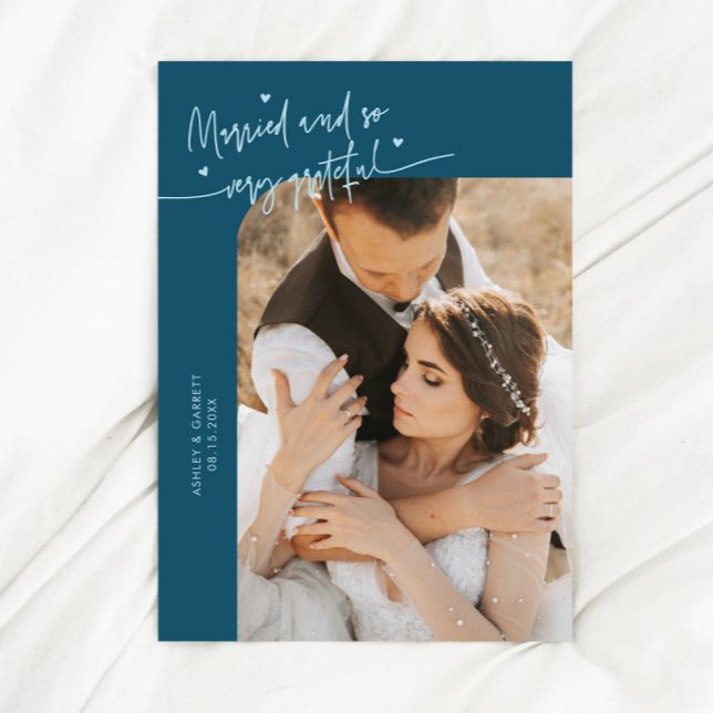 Tarjeta De Agradecimiento Married and Grateful Wedding Photo Teal (Subido por el creador)