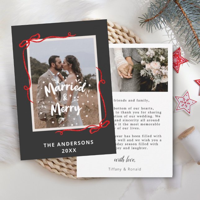 Tarjeta De Agradecimiento Married Merry Red Bows 2 Photos Wedding Christmas (Subido por el creador)